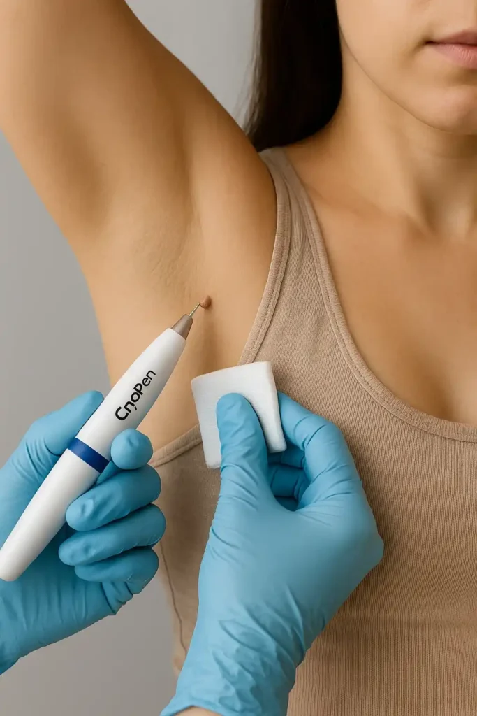 woman having cryopen to remove underarm skin tags Houghton Regis