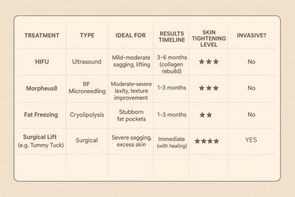 Table showing the comparisons of Skin tightening Houghton Regis treatment options.